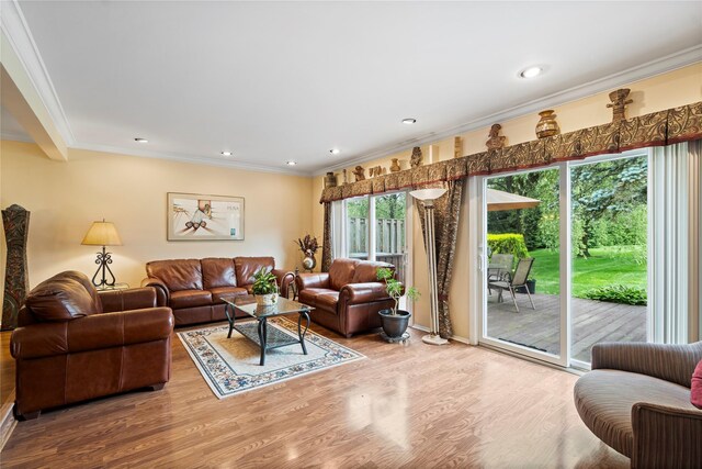 38 The Mews, Syosset, NY 11791 - living area featuring wood finished floors, ornamental molding, and recessed lighting