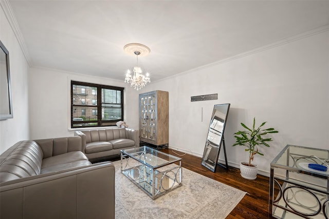 7607 Ditmars Blvd Unit 1, East Elmhurst, NY 11370 - living room with dark wood finished floors, a chandelier, crown molding, and baseboards