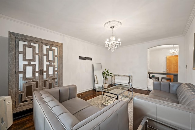 7607 Ditmars Blvd Unit 1, East Elmhurst, NY 11370 - living room with a chandelier, arched walkways, crown molding, dark wood-style floors, and baseboards