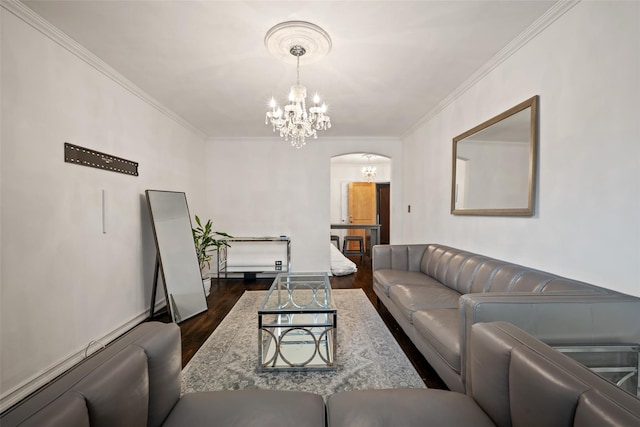 7607 Ditmars Blvd Unit 1, East Elmhurst, NY 11370 - living room featuring a chandelier, dark wood-style flooring, arched walkways, and crown molding