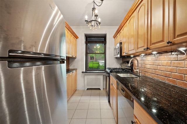 7607 Ditmars Blvd Unit 1, East Elmhurst, NY 11370 - kitchen with stainless steel appliances, a sink, light tile patterned floors, decorative backsplash, and dark stone counters