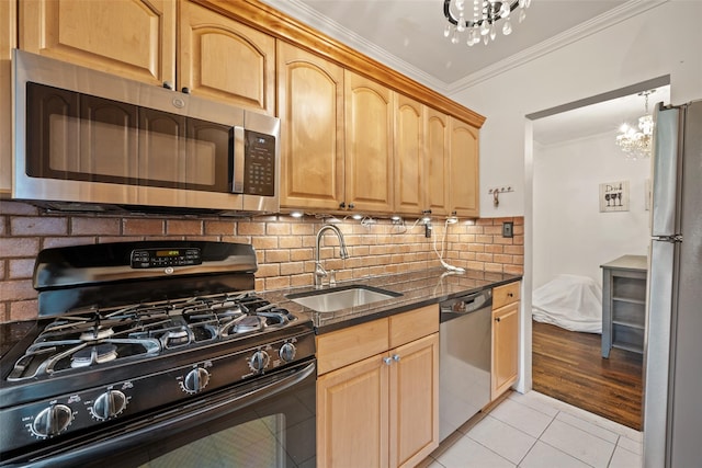 7607 Ditmars Blvd Unit 1, East Elmhurst, NY 11370 - kitchen featuring stainless steel appliances, a sink, crown molding, light tile patterned floors, and a chandelier