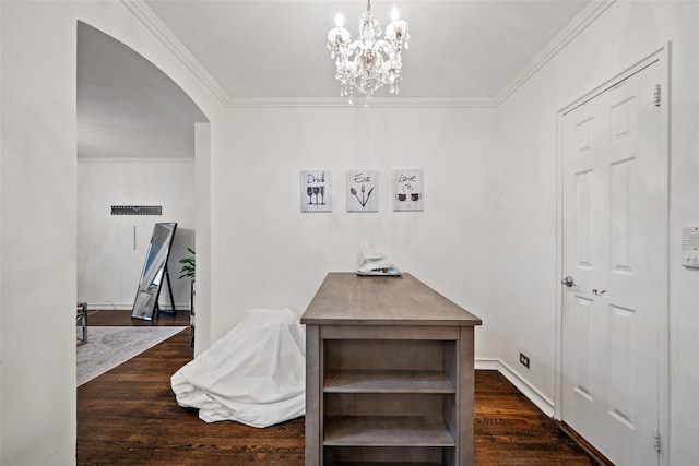7607 Ditmars Blvd Unit 1, East Elmhurst, NY 11370 - hall featuring arched walkways, dark wood-style flooring, crown molding, and a chandelier