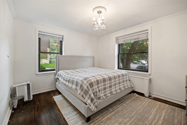 7607 Ditmars Blvd Unit 1, East Elmhurst, NY 11370 - bedroom featuring radiator, wood finished floors, a chandelier, ornamental molding, and baseboards