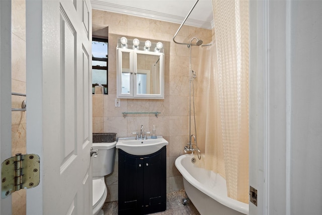7607 Ditmars Blvd Unit 1, East Elmhurst, NY 11370 - bathroom with tile walls, vanity, toilet, shower / tub combo, and crown molding