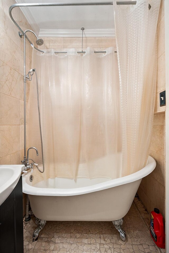 7607 Ditmars Blvd Unit 1, East Elmhurst, NY 11370 - full bath with tile walls, shower / bathtub combination with curtain, crown molding, and vanity