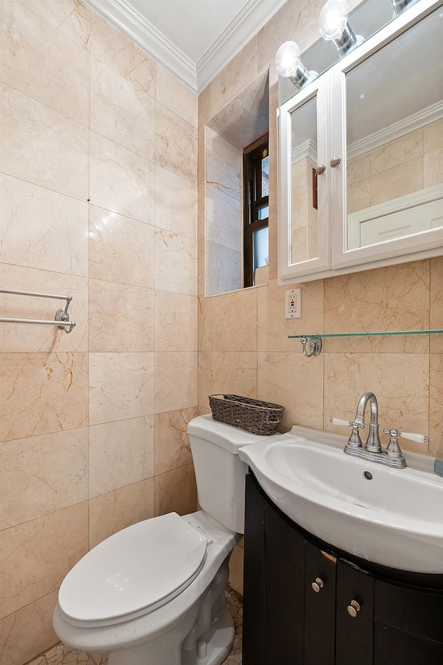 7607 Ditmars Blvd Unit 1, East Elmhurst, NY 11370 - half bath featuring tile walls, crown molding, vanity, toilet, and backsplash