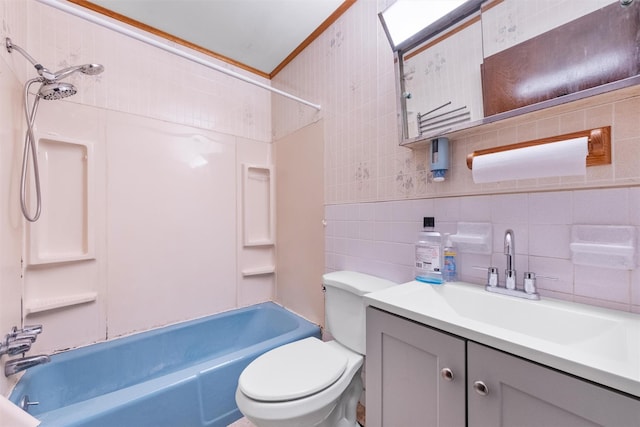 218 Johnson Rd, Wingdale, NY 12594 - bathroom with toilet, shower / washtub combination, vanity, tile walls, and tasteful backsplash