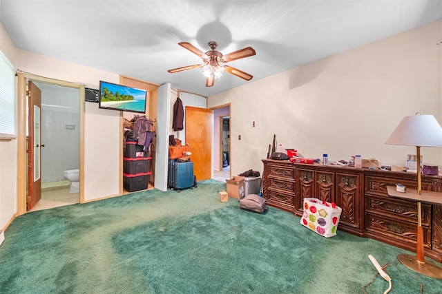 218 Johnson Rd, Wingdale, NY 12594 - bedroom featuring carpet flooring, a ceiling fan, and connected bathroom