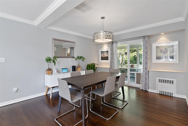 61 Tamarack Rd, Rye Brook, NY 10573 - dining space featuring radiator, wood finished floors, baseboards, and ornamental molding