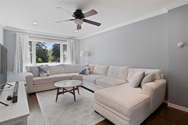 61 Tamarack Rd, Rye Brook, NY 10573 - living room featuring crown molding, wood finished floors, ceiling fan, and recessed lighting