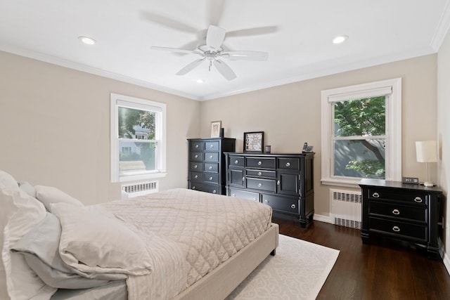 61 Tamarack Rd, Rye Brook, NY 10573 - bedroom featuring radiator heating unit, dark wood finished floors, ornamental molding, recessed lighting, and baseboards