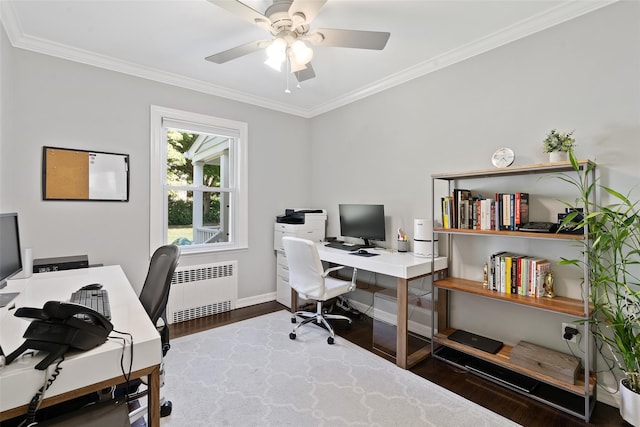 61 Tamarack Rd, Rye Brook, NY 10573 - office space featuring wood finished floors, radiator, crown molding, ceiling fan, and baseboards