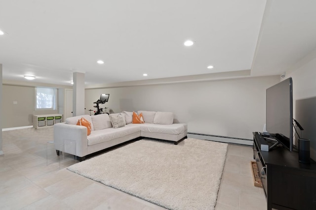 61 Tamarack Rd, Rye Brook, NY 10573 - living room featuring a baseboard radiator, light tile patterned floors, recessed lighting, and baseboards