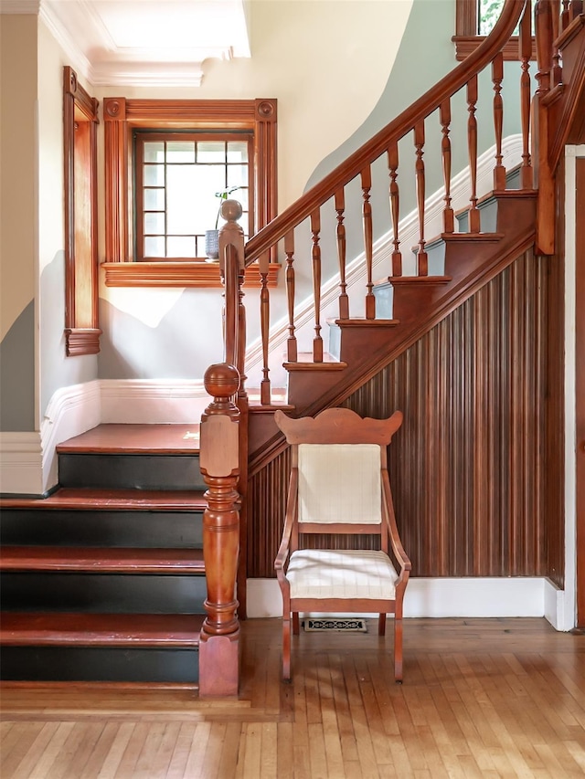 511 Grand Ave, Newburgh, NY 12550 - stairway with hardwood / wood-style flooring and ornamental molding