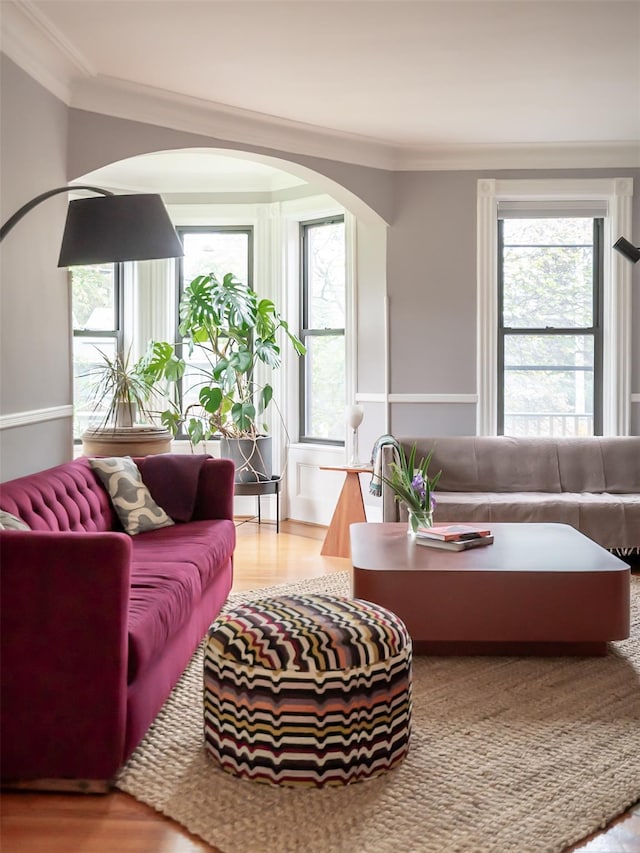 511 Grand Ave, Newburgh, NY 12550 - living area with crown molding, wood finished floors, plenty of natural light, and arched walkways