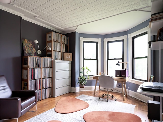 511 Grand Ave, Newburgh, NY 12550 - office space with an ornate ceiling, baseboards, light wood finished floors, and ornamental molding