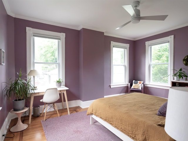 511 Grand Ave, Newburgh, NY 12550 - bedroom with crown molding, light wood finished floors, a desk, baseboards, and a ceiling fan
