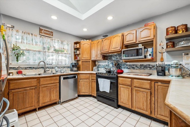 3363 Emeric Ave, Wantagh, NY 11793 - kitchen featuring open shelves, stainless steel appliances, light countertops, tasteful backsplash, and a sink