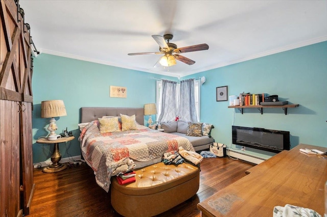 3363 Emeric Ave, Wantagh, NY 11793 - bedroom with baseboard heating, wood finished floors, ornamental molding, ceiling fan, and baseboards