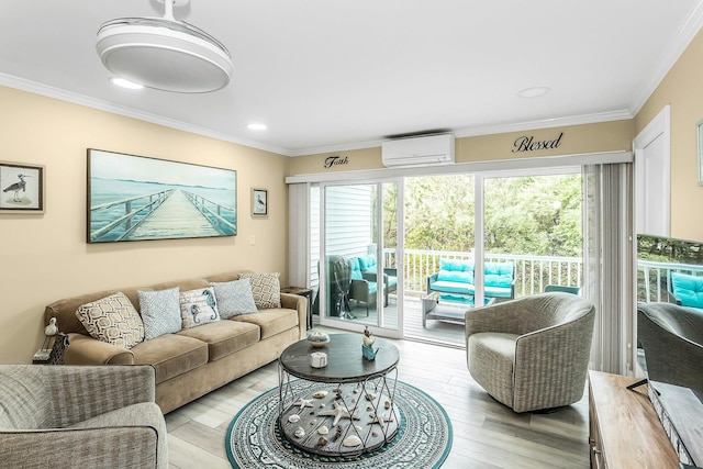 281 Dune Rd Unit 18A, Westhampton Beach, NY 11978 - living area featuring a wall mounted AC, healthy amount of natural light, crown molding, light wood-style floors, and recessed lighting