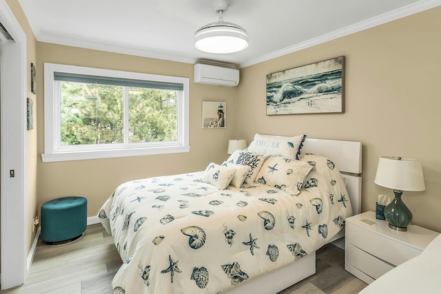 281 Dune Rd Unit 18A, Westhampton Beach, NY 11978 - bedroom featuring a wall mounted air conditioner, ornamental molding, and light wood-style floors