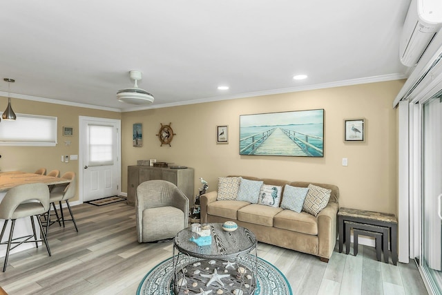 281 Dune Rd Unit 18A, Westhampton Beach, NY 11978 - living area with a wall unit AC, light wood-style floors, crown molding, and recessed lighting