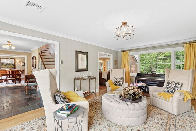 2 Shady Meadow Ln, Syosset, NY 11791 - living room with a chandelier, stairway, and crown molding
