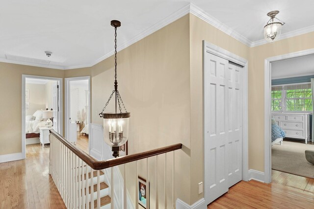 2 Shady Meadow Ln, Syosset, NY 11791 - hall with an upstairs landing, light wood finished floors, baseboards, and ornamental molding