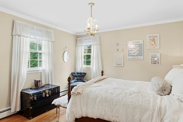 2 Shady Meadow Ln, Syosset, NY 11791 - bedroom featuring a baseboard radiator, ornamental molding, wood finished floors, and a chandelier