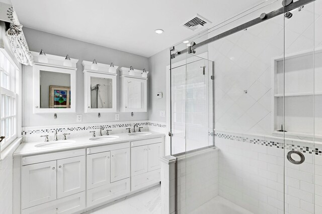 2 Shady Meadow Ln, Syosset, NY 11791 - bathroom with a stall shower, double vanity, and recessed lighting