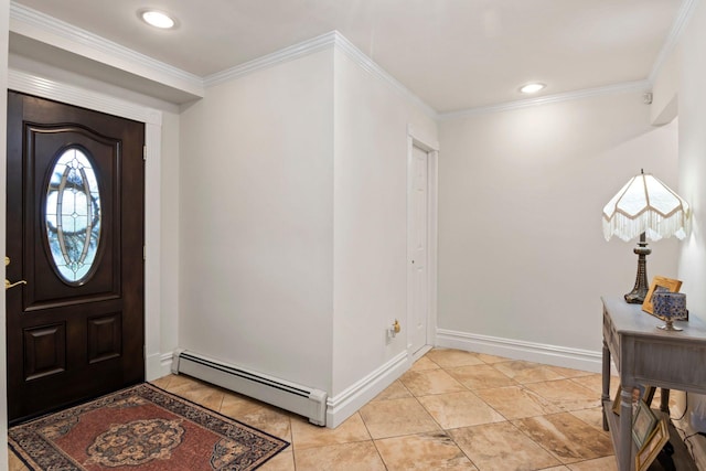 6 W Shore Rd, Bay Shore, NY 11706 - entrance foyer with a baseboard radiator, ornamental molding, light tile patterned floors, baseboards, and recessed lighting