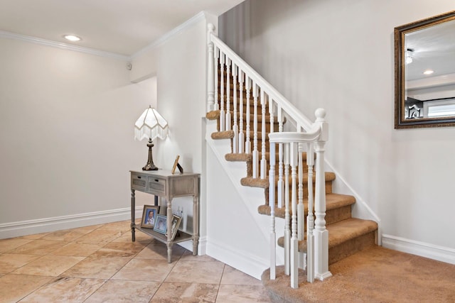 6 W Shore Rd, Bay Shore, NY 11706 - staircase featuring crown molding, baseboards, and recessed lighting