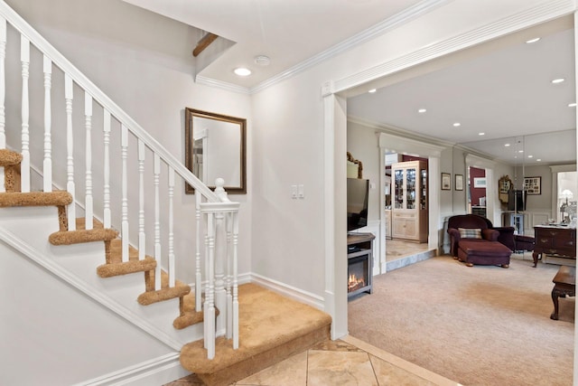 6 W Shore Rd, Bay Shore, NY 11706 - stairway featuring carpet floors, ornamental molding, recessed lighting, and baseboards