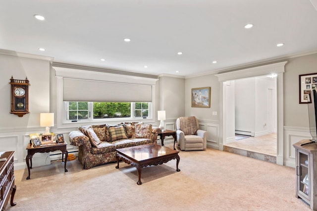 6 W Shore Rd, Bay Shore, NY 11706 - living room featuring light carpet, a decorative wall, baseboard heating, ornamental molding, and recessed lighting