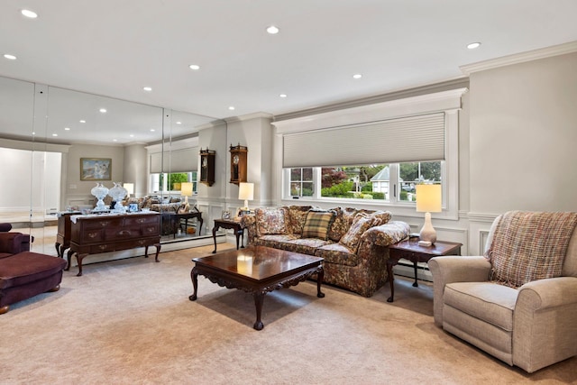 6 W Shore Rd, Bay Shore, NY 11706 - living area with a decorative wall, light colored carpet, ornamental molding, healthy amount of natural light, and recessed lighting
