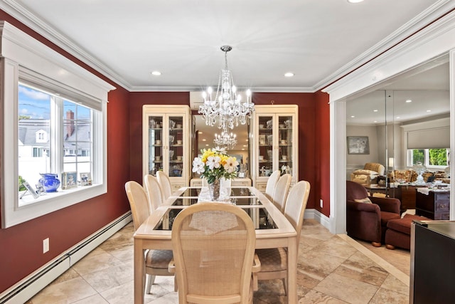 6 W Shore Rd, Bay Shore, NY 11706 - dining space featuring a baseboard heating unit, a chandelier, baseboards, recessed lighting, and ornamental molding