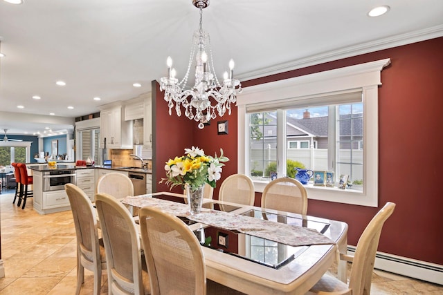 6 W Shore Rd, Bay Shore, NY 11706 - dining space featuring a chandelier, recessed lighting, crown molding, and a baseboard heating unit