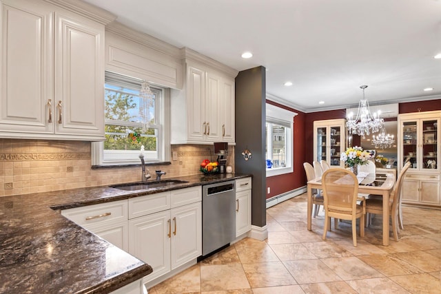 6 W Shore Rd, Bay Shore, NY 11706 - kitchen with stainless steel dishwasher, a baseboard radiator, a sink, a chandelier, and healthy amount of natural light