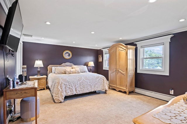 6 W Shore Rd, Bay Shore, NY 11706 - bedroom featuring baseboard heating, ornamental molding, light colored carpet, recessed lighting, and baseboards