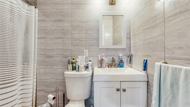 37-40 61st St, Woodside, NY 11377 - bathroom featuring vanity, tile walls, and a shower with shower curtain