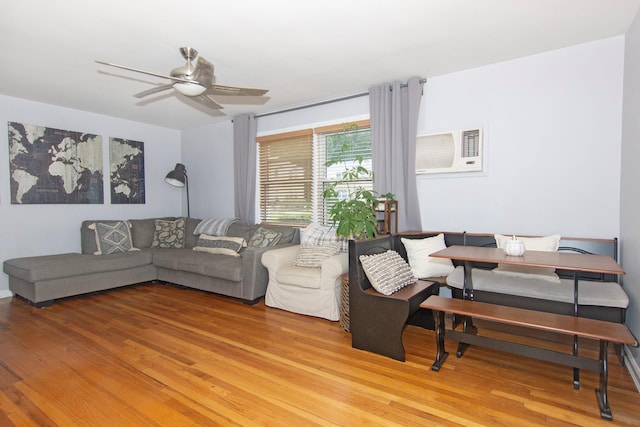 251-10 71st Rd Unit 30A, Bellerose, NY 11426 - living room with light wood-style floors, a wall mounted air conditioner, and ceiling fan