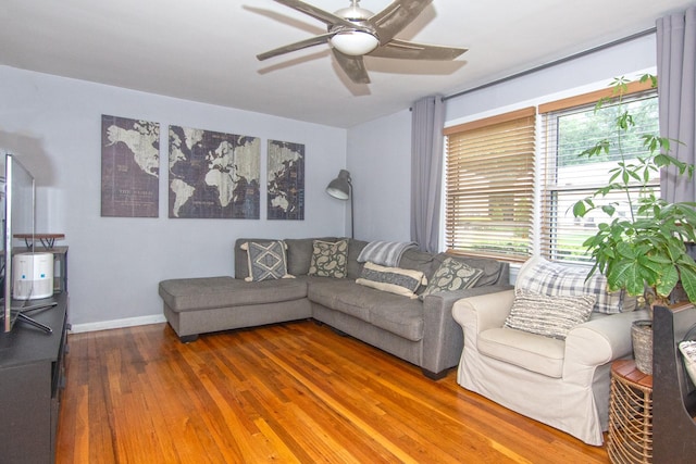 251-10 71st Rd Unit 30A, Bellerose, NY 11426 - living room featuring wood finished floors, ceiling fan, and baseboards