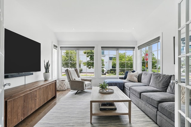 27 Lavender Ln, Rye Brook, NY 10573 - living room featuring wood finished floors, lofted ceiling, and recessed lighting