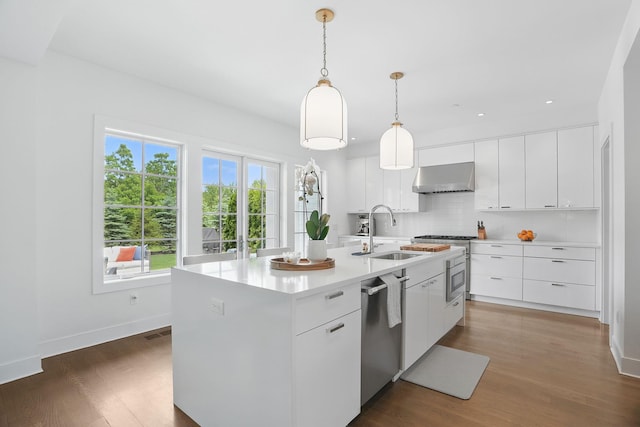 27 Lavender Ln, Rye Brook, NY 10573 - kitchen with range hood, stainless steel appliances, tasteful backsplash, wood finished floors, and recessed lighting