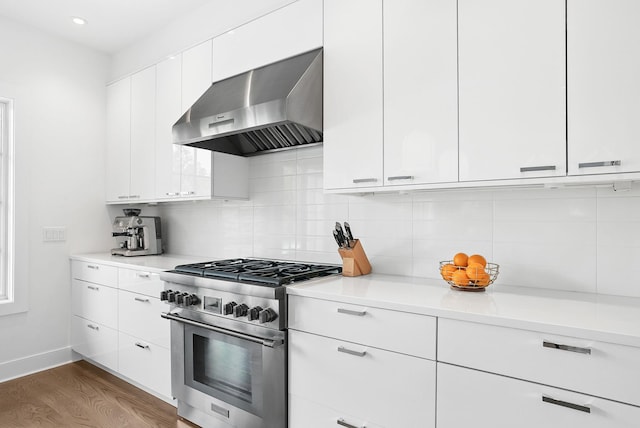 27 Lavender Ln, Rye Brook, NY 10573 - kitchen with extractor fan, high end stove, light countertops, white cabinets, and backsplash