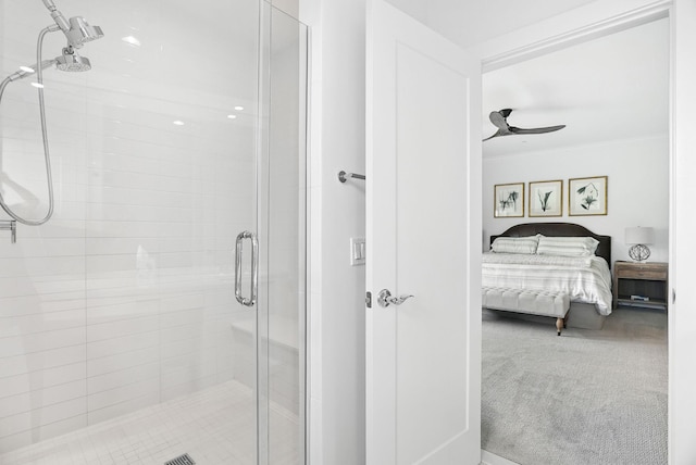 27 Lavender Ln, Rye Brook, NY 10573 - ensuite bathroom with a shower stall, ornamental molding, and ceiling fan
