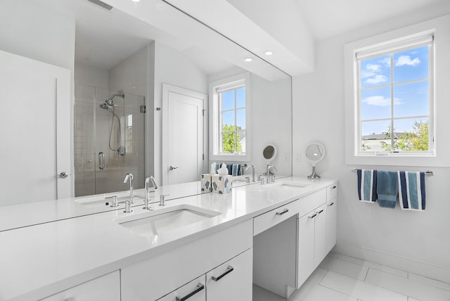 27 Lavender Ln, Rye Brook, NY 10573 - full bath with double vanity, a stall shower, and vaulted ceiling