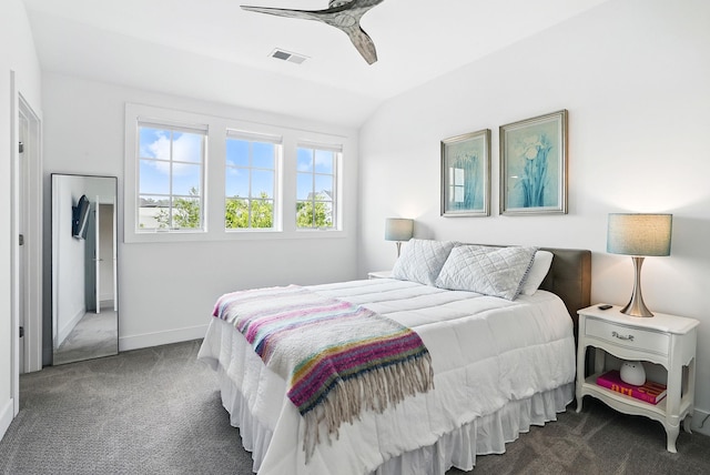27 Lavender Ln, Rye Brook, NY 10573 - bedroom featuring dark colored carpet, lofted ceiling, and a ceiling fan