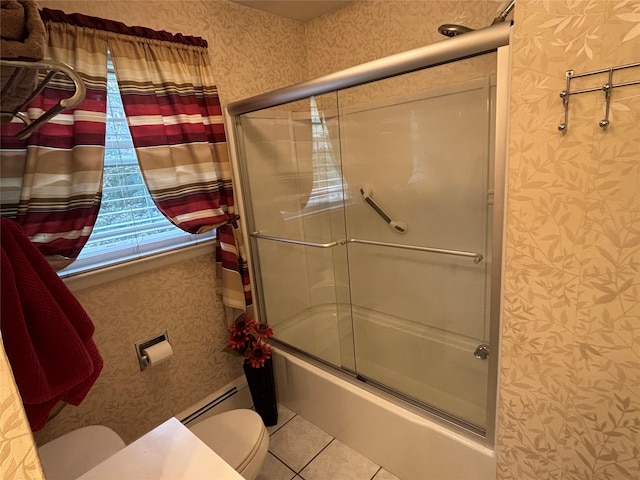 6 Windmill Rd, Poughkeepsie, NY 12601 - full bathroom with toilet, wallpapered walls, enclosed tub / shower combo, tile patterned flooring, and baseboard heating